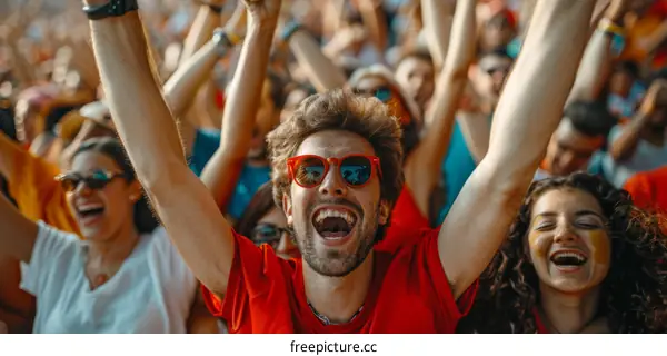 Crowd of diverse people cheering and celebrating together at a sports event