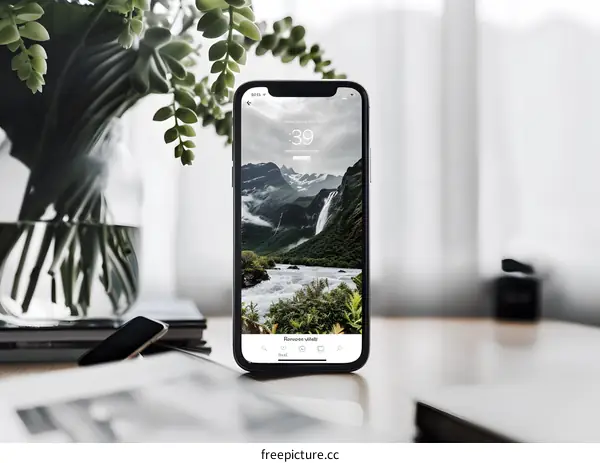 Mountain Waterfall Landscape on Smartphone Screen
