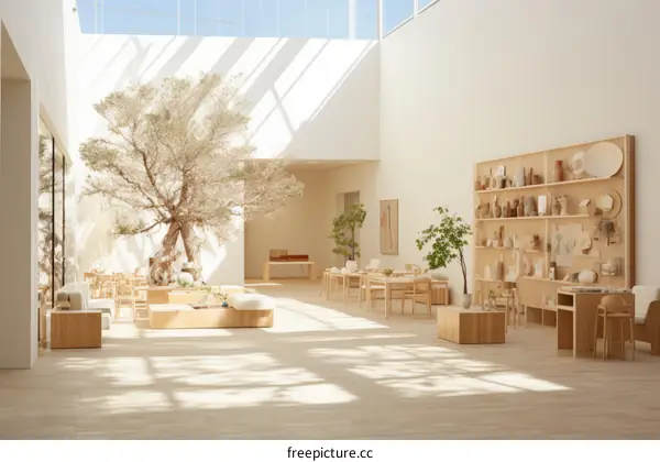 An Artistic Space with Olive Tree and Minimalist Decor