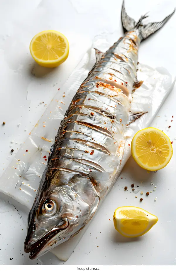 Raw fish seasoned with spices and garnished with lemon wedges.