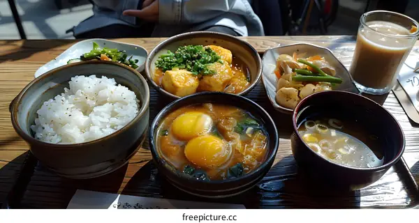 Japanese Cuisine Set with Tofu, Eggs, Rice, and Soup