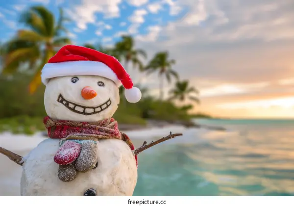 Funny snowman on the tropical beach