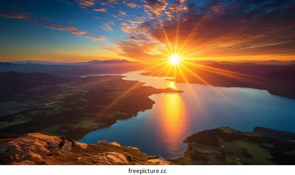 Sunset Overlooking a Mountainous Lake