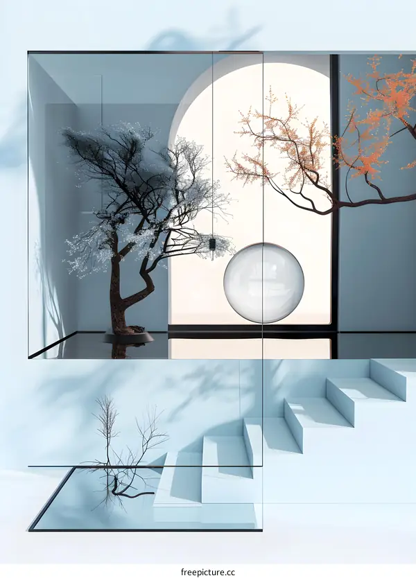 Minimalist Interior Design with Glass Wall and Ornamental Trees