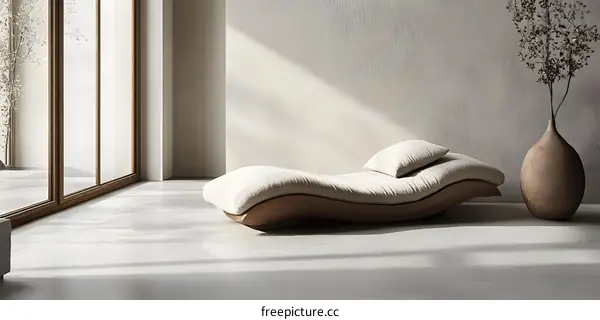 Modern Minimalist Interior Design with a Wooden Couch and a Vase of Dried Flowers