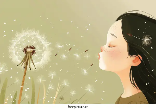 Little Girl Blowing Dandelion Seeds in a Meadow