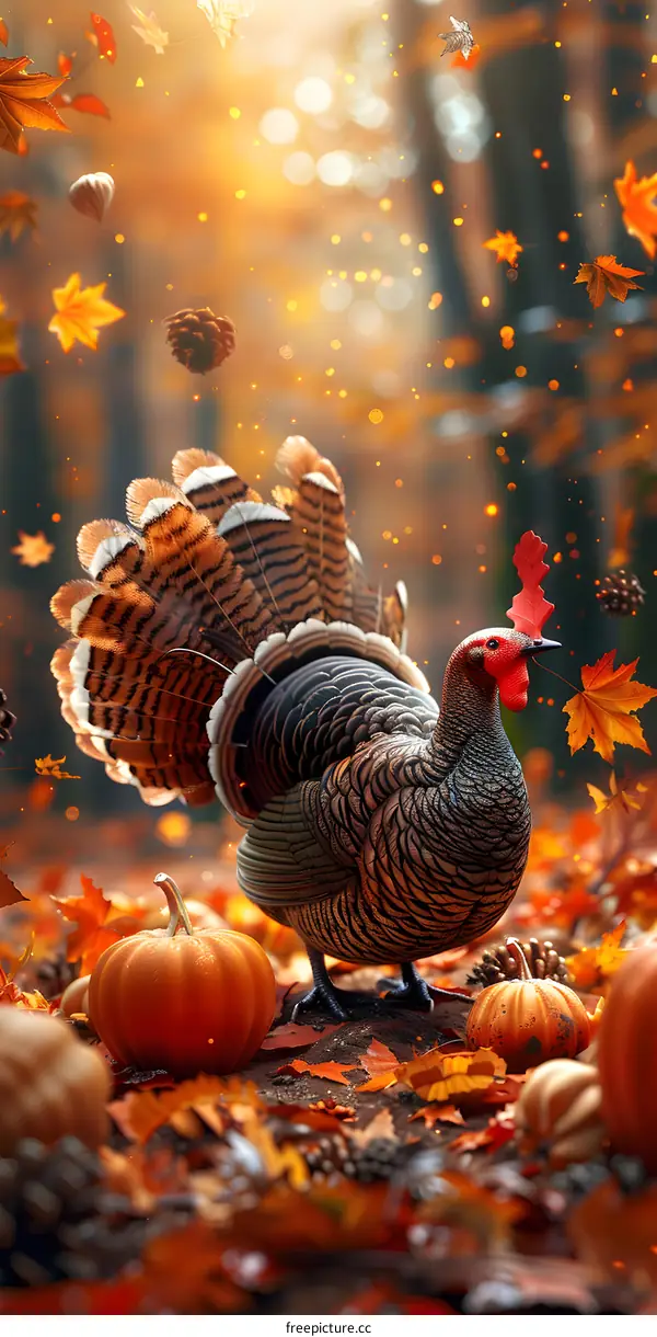 A Thanksgiving turkey surrounded by pumpkins and fall leaves