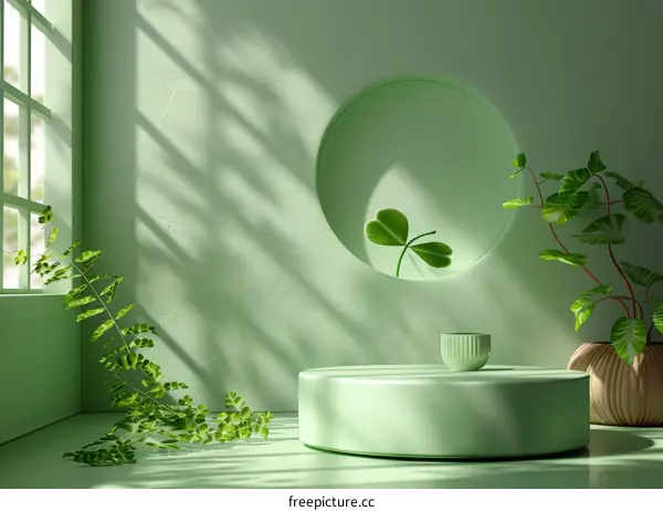 Modern Green Room Interior with Podium and Plants