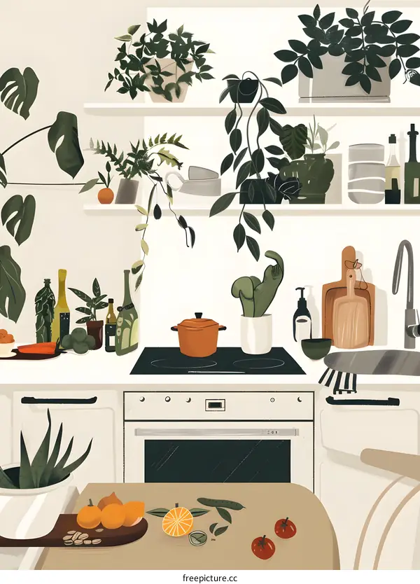 Kitchen Interior Illustration with Plants and Appliances