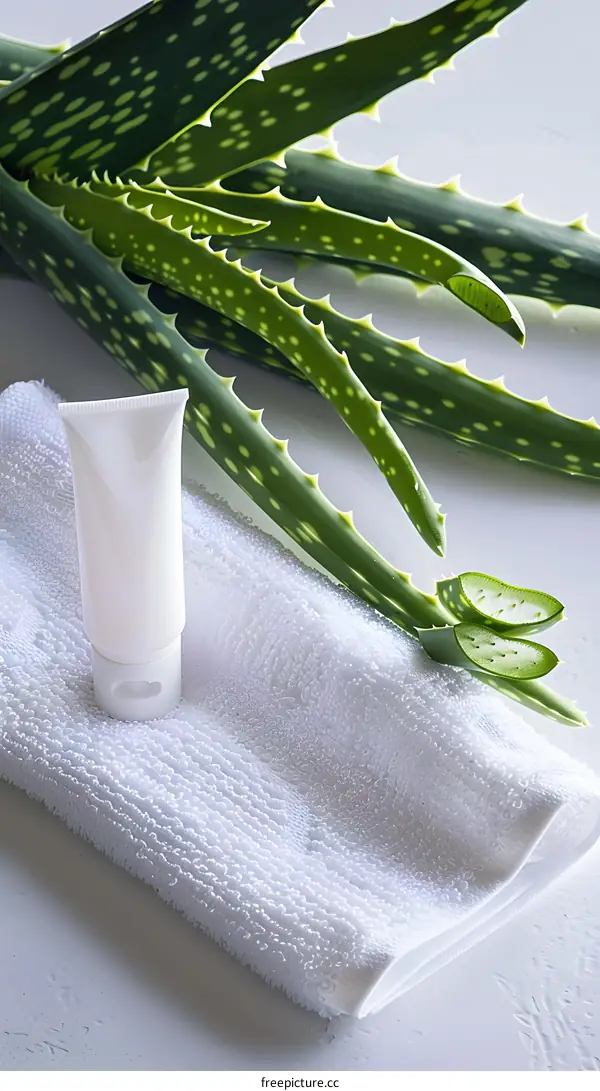 Aloe Vera Plant and Cream Tube on White Towel