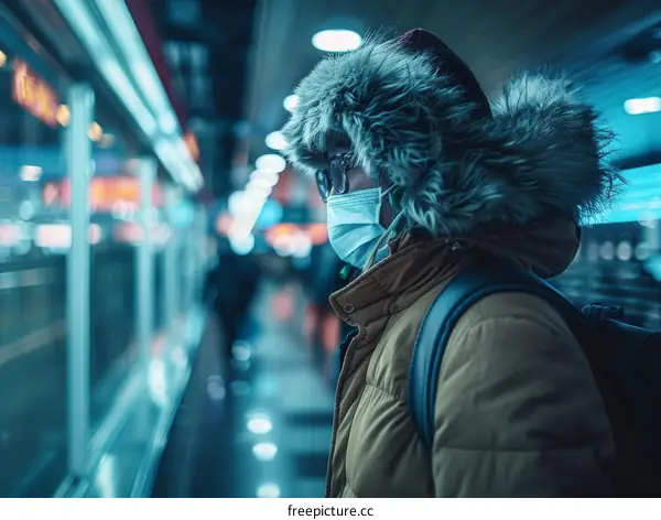 Man wearing a mask on a train platform