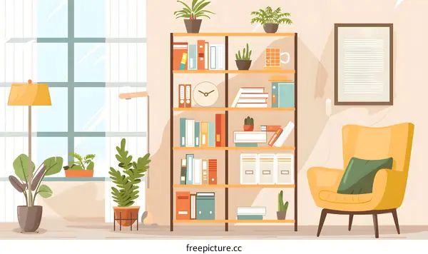 Modern Living Room With Bookshelf, Plants, and a Yellow Armchair