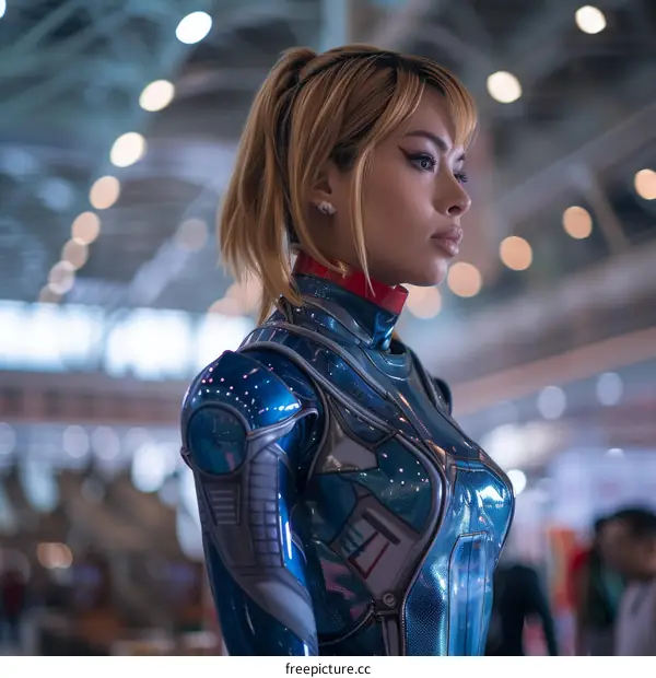 Portrait of a young woman with blonde hair in a blue and silver bodysuit