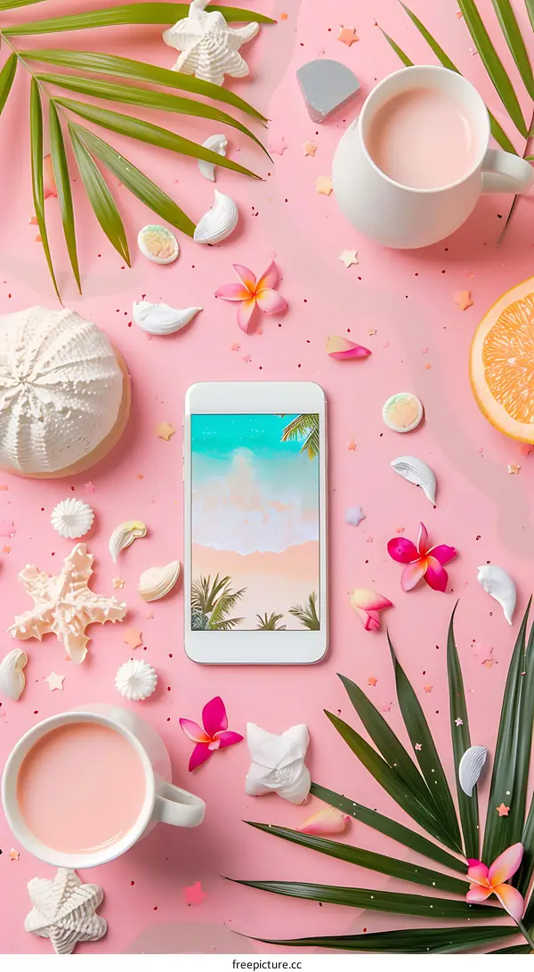 Pink Flatlay with Beach Phone Background and Tropical Decor