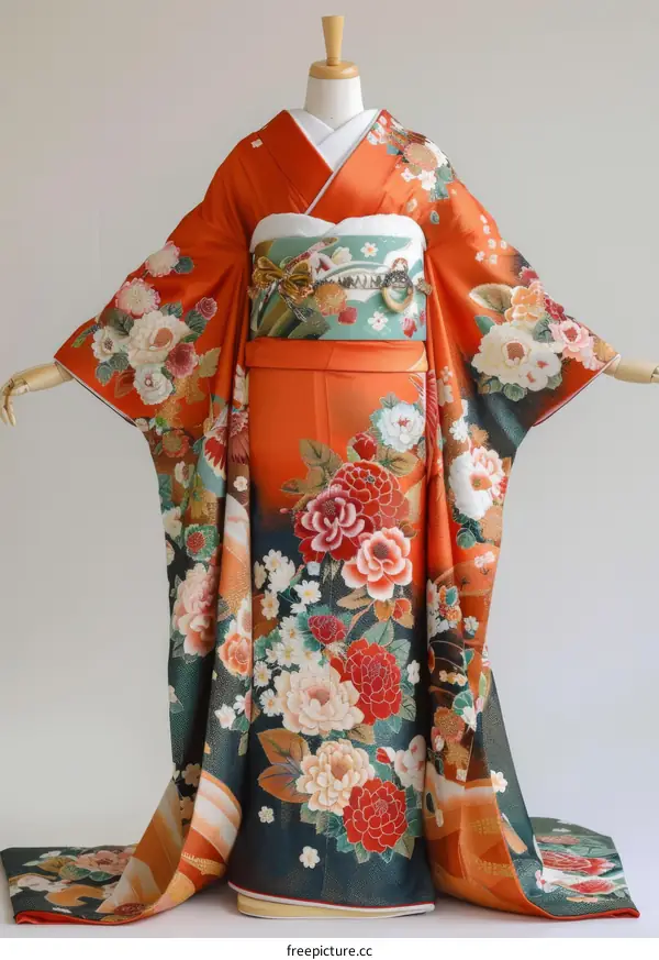 A woman wearing a traditional Japanese kimono with floral patterns