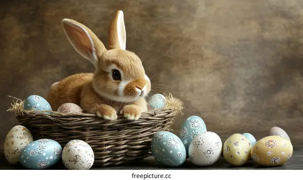 Adorable Easter Bunny in a Basket of Eggs