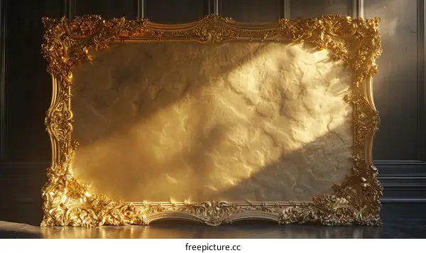 ornate gold gilded picture frame in dark paneled wood room