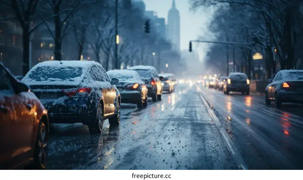 Snowy city street with cars