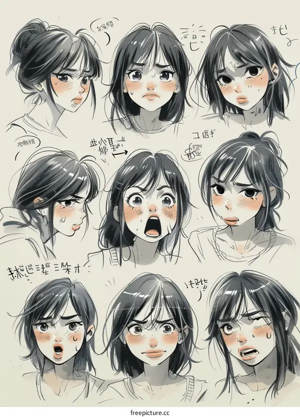 A collection of 10 different facial expressions of a young woman with black hair