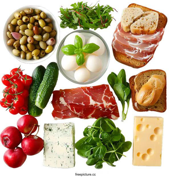 [Transparent Background PNG]Ingredients For a Delicious Sandwich With Ham, Cheese, Eggs, Olives and More