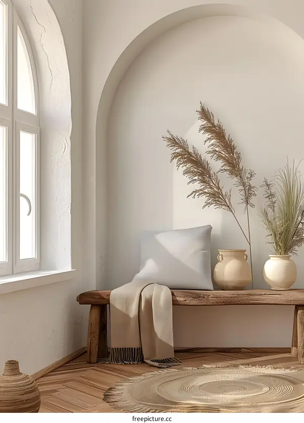 Minimalist Interior Design with Wooden Bench and Arch Window