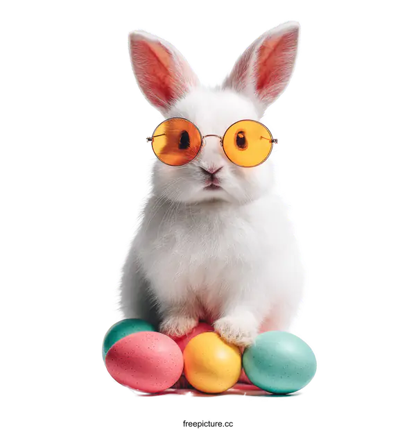 [Transparent Background PNG]Cute Easter Bunny in Sunglasses with Colorful Eggs