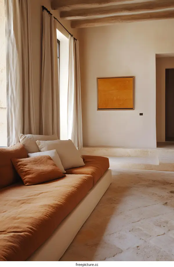 Minimalist Living Room Interior Design with Beige Walls and Brown Sofa