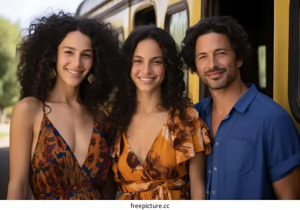 Portrait of a happy family of three standing in front of a train