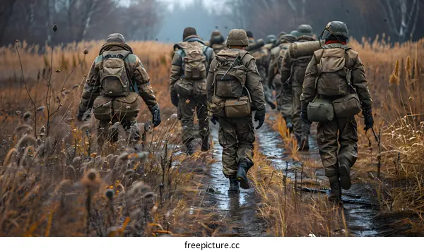 Soldiers Walking Through a Field in the Winter