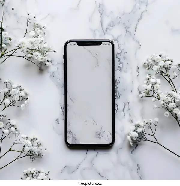 White Flowers Surrounding A Smartphone With Blank Screen