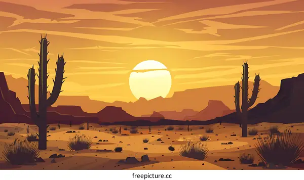Desert Sunset Landscape With Cacti