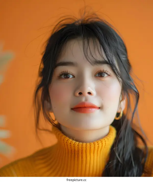 Portrait of a Young Asian Woman with a Yellow Knitted Sweater