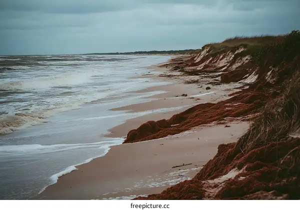 Seashore Landscape with Foamy Waves and Red Algae