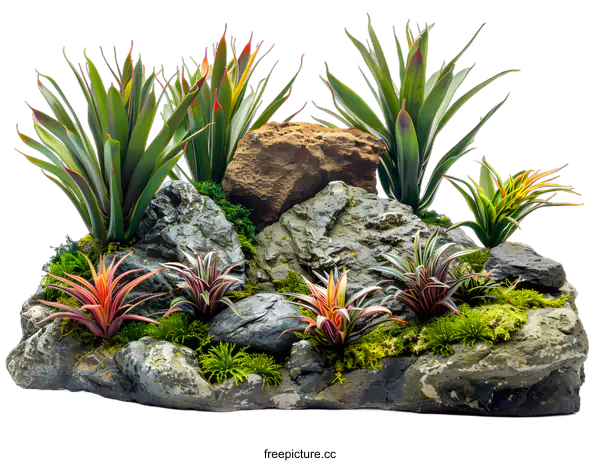 [Transparent Background PNG]A variety of plants growing on a rocky surface