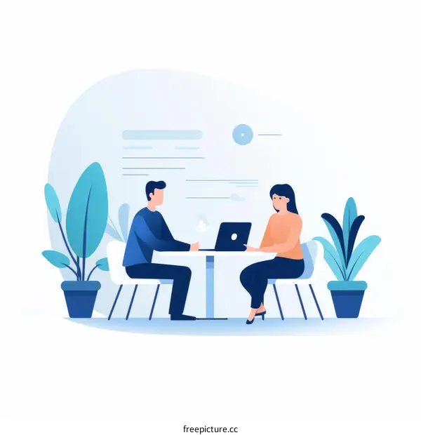 Business meeting or interview concept with two people sitting at a table and talking
