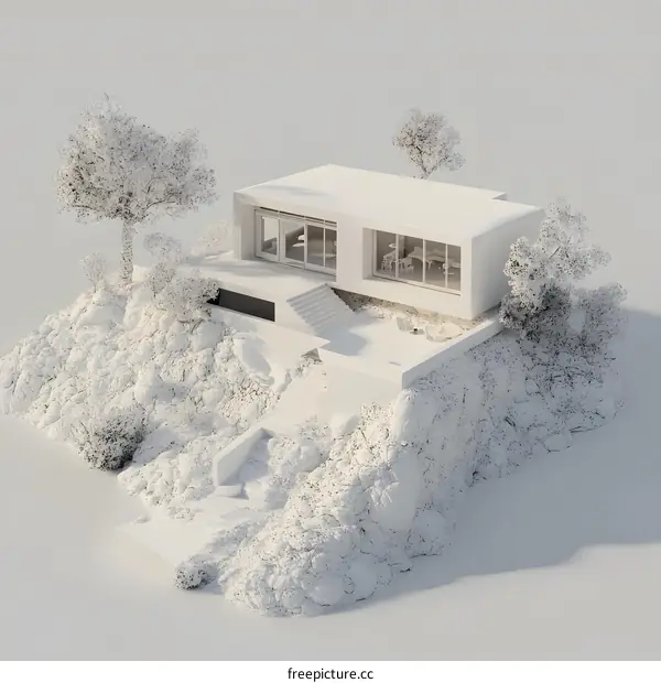 Modern White House with Steps on a Hilltop