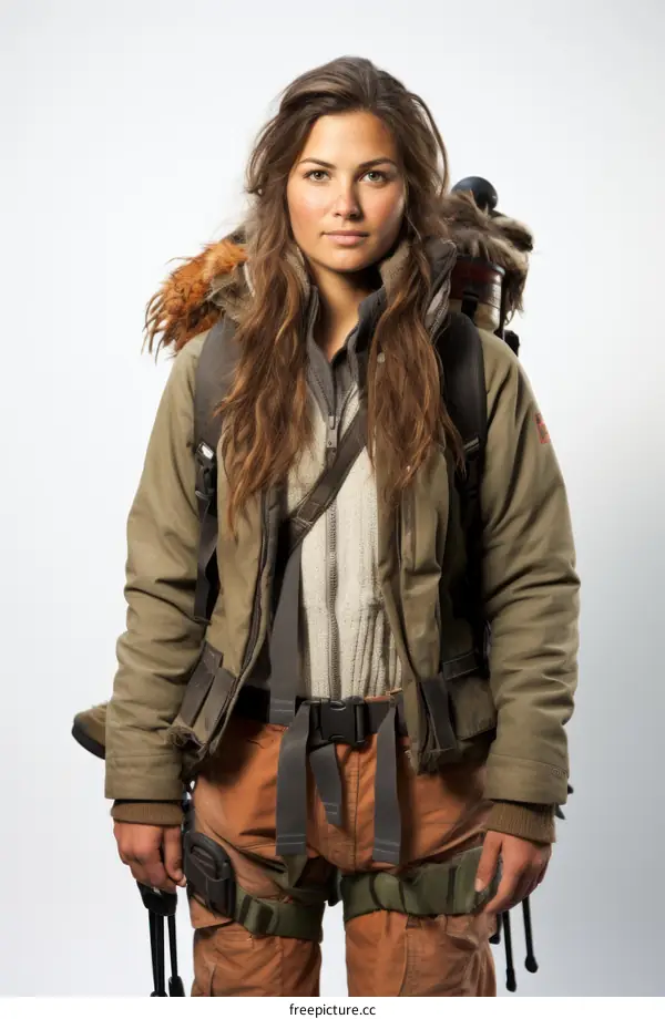 A young woman with long brown hair and brown eyes is wearing a green jacket and a backpack.