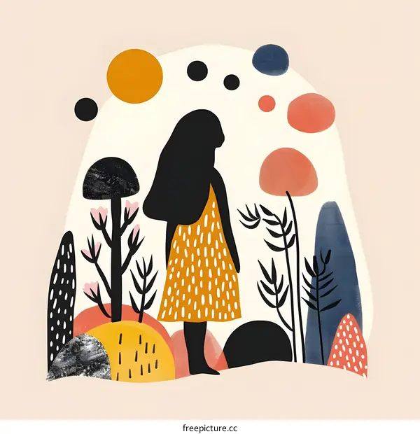 Woman Silhouette Standing in a Field of Abstract Shapes