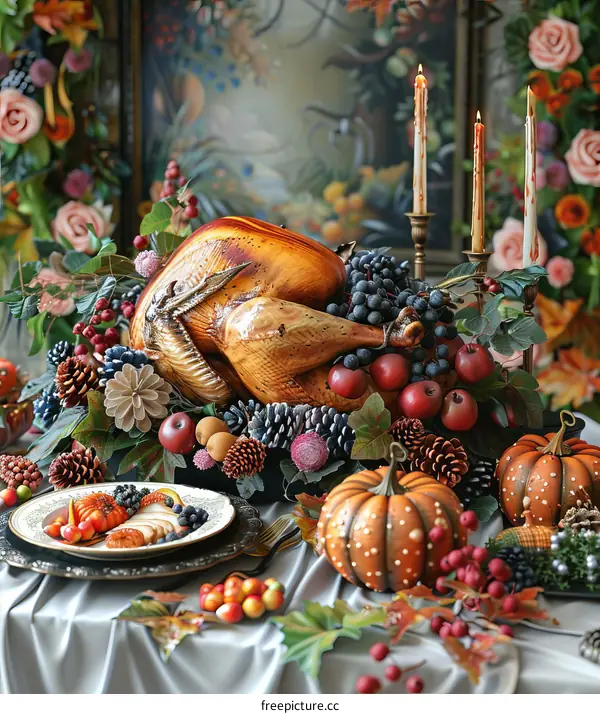 Thanksgiving Feast with Roasted Turkey and Autumn Decor