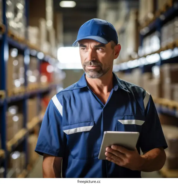 Portrait of a warehouse worker wearing a blue cap and blue uniform holding a tablet