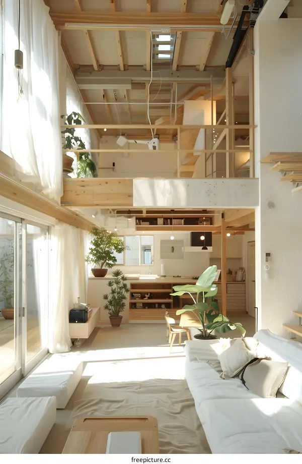 Modern Minimalist Interior Design of a Loft Apartment with Wooden Beams and Natural Light