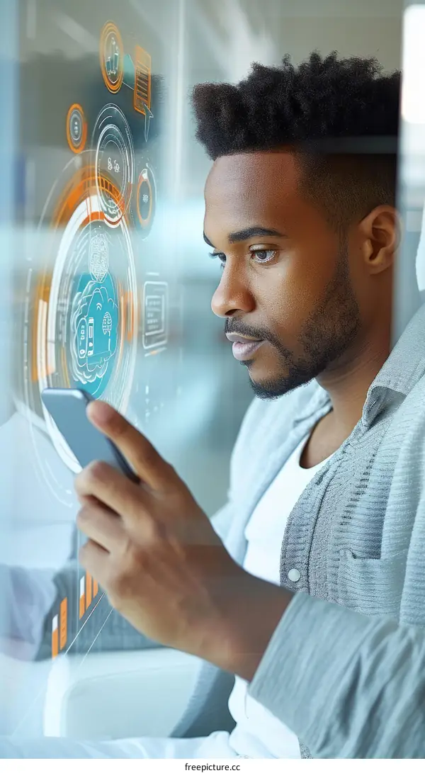 Young African American man using smartphone with futuristic interface