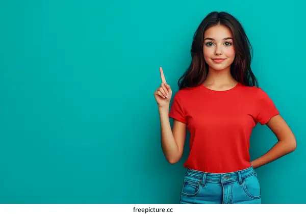 Teenage Girl Pointing Upward Studio Portrait