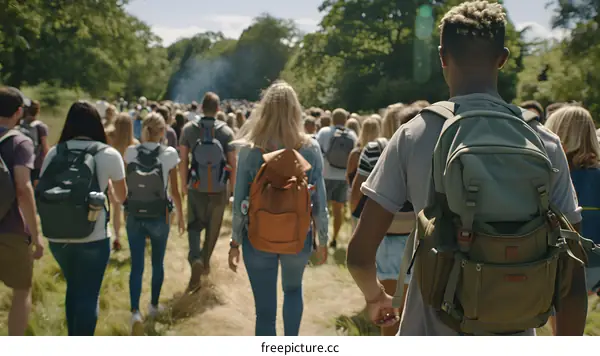 Group of People Walking on a Path in a Forest
