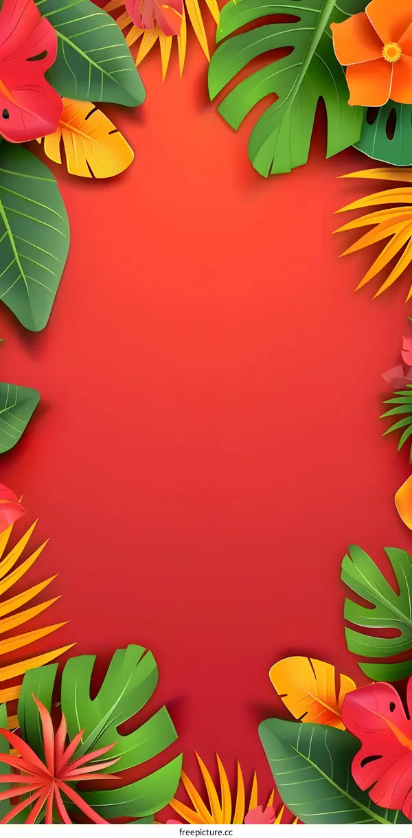 Tropical Leaves Red Background Summer Floral Illustration