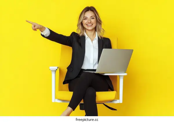 Business Woman Working on Laptop in Yellow Background