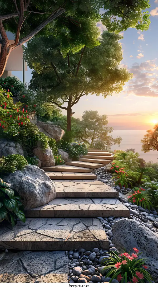 Stone Steps Leading to the Ocean Through a Lush Garden