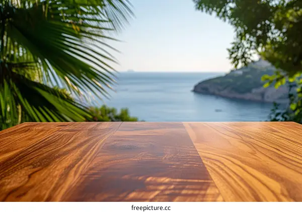 An empty wooden table with a blurred background of palm trees and the ocean