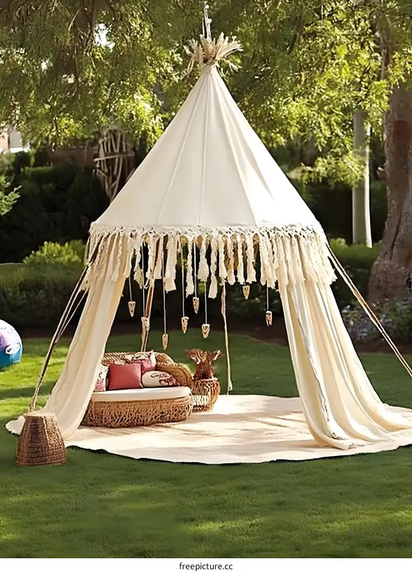 White Canopy Tent With Fringe Decoration In Backyard