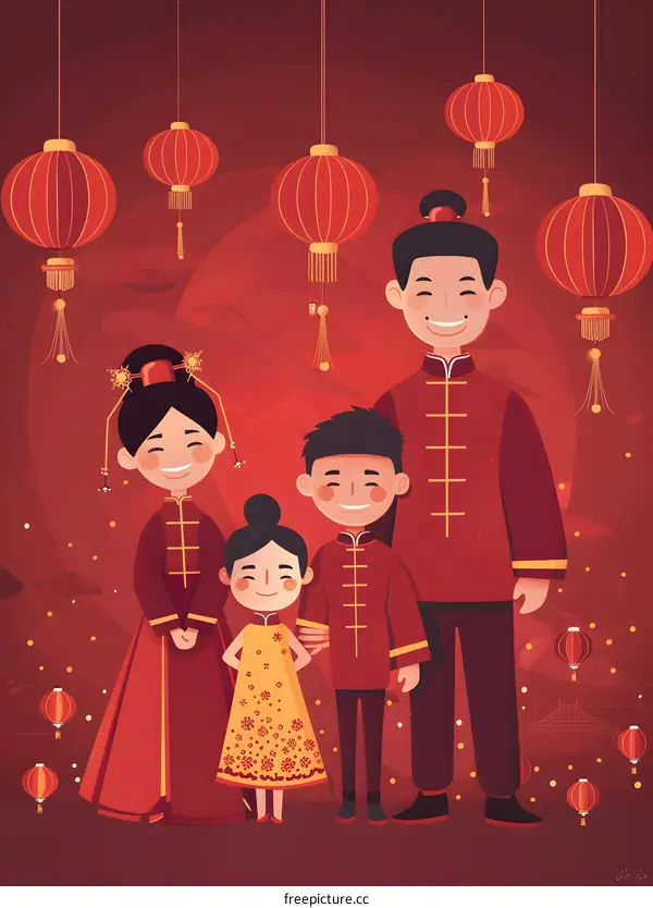Chinese Family Celebrating the New Year with Red Lanterns